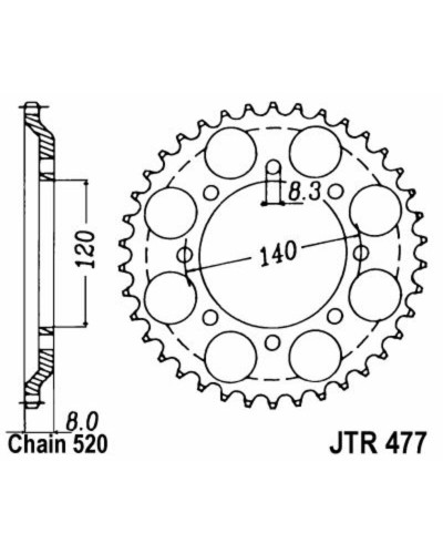 Couronne Moto JT SPROCKETS Couronne JT SPROCKETS 43 dents acier pas 520 type 477